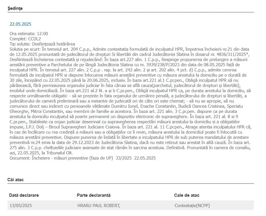 Tribunalul Olt a decis plasarea în arest la domiciliu