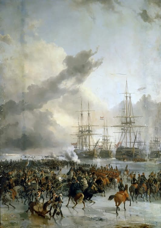 Husarii francezi apropiindu-se de corăbiile olandeze FOTO wikipedia